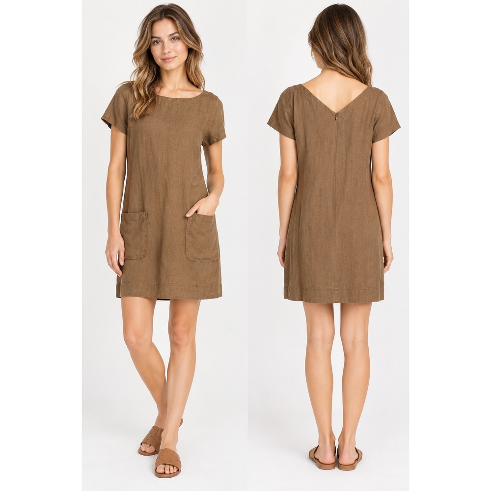Eileen Fisher Shift Dress Womens S Brown Linen Blend Pocket Lagenlook Minimalist